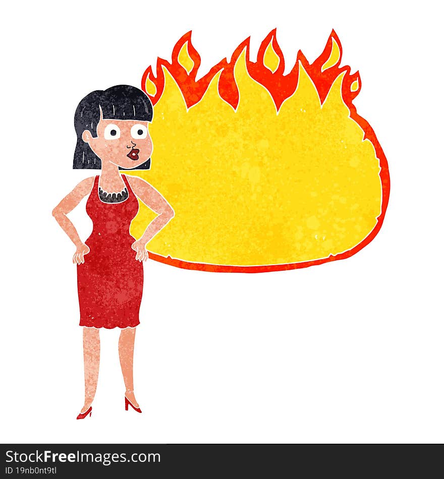 retro cartoon woman in dress with hands on hips and flame banner