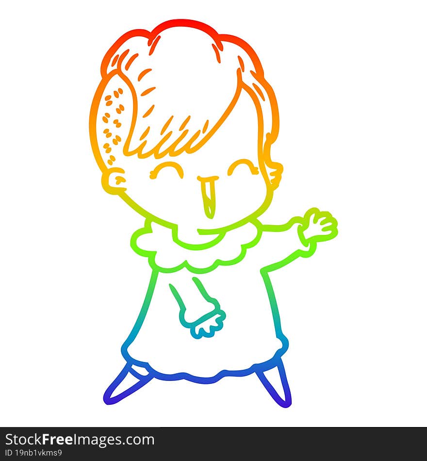 Rainbow Gradient Line Drawing Happy Cartoon Hipster Girl