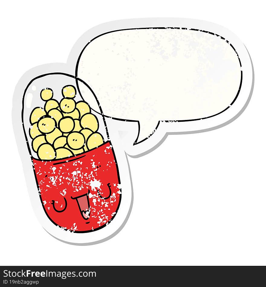 cartoon medical pill and speech bubble distressed sticker