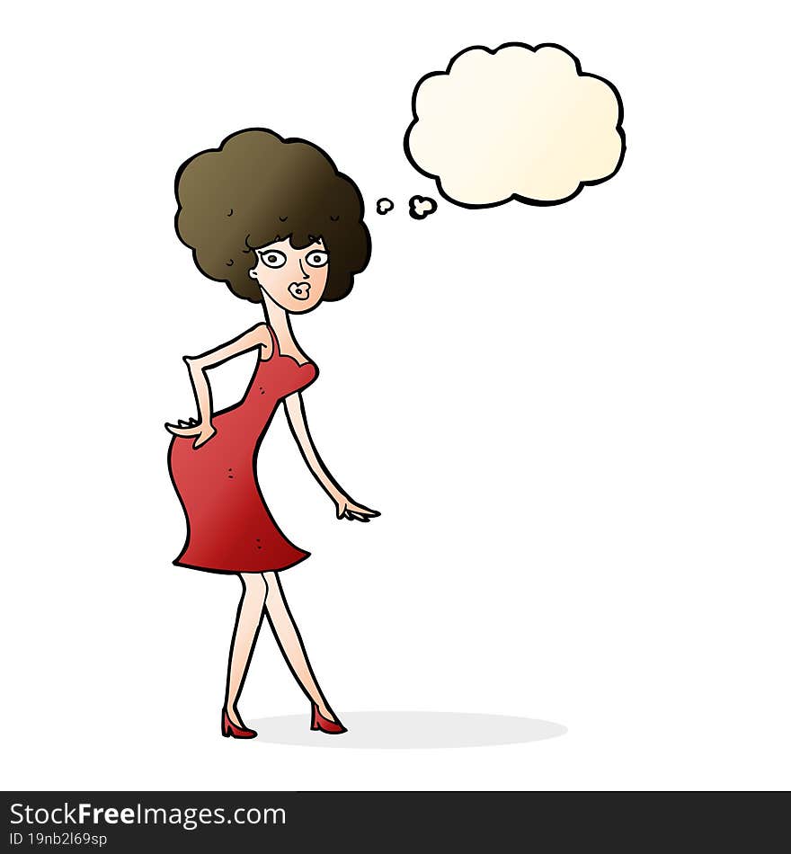 cartoon woman posing in dress with thought bubble