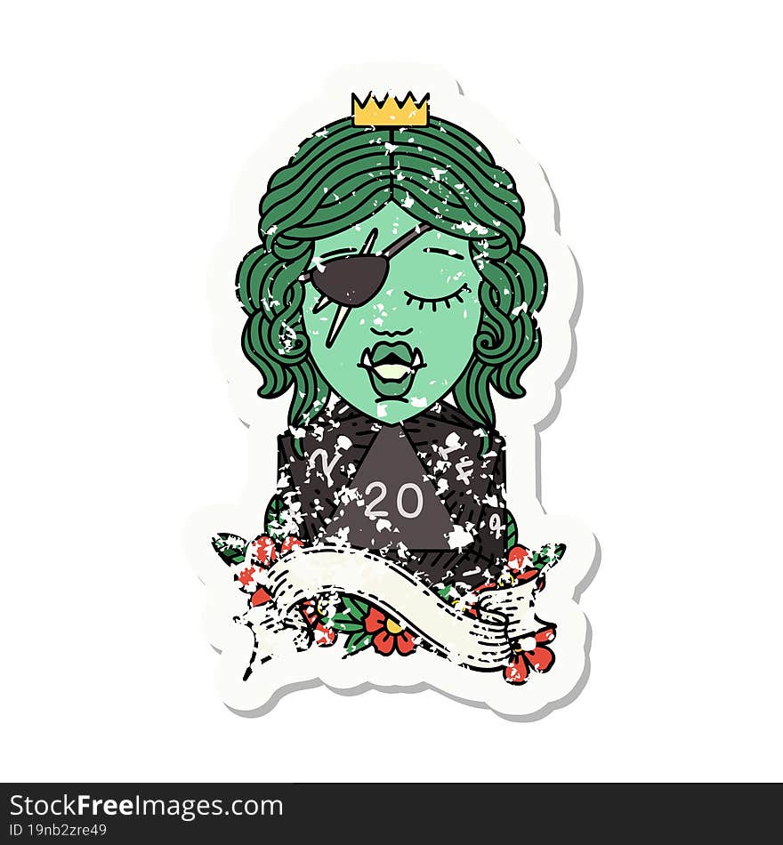 grunge sticker of a orc rogue character with natural twenty dice roll. grunge sticker of a orc rogue character with natural twenty dice roll