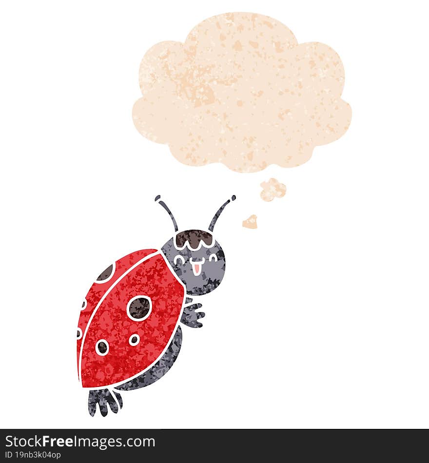 cute cartoon ladybug and thought bubble in retro textured style