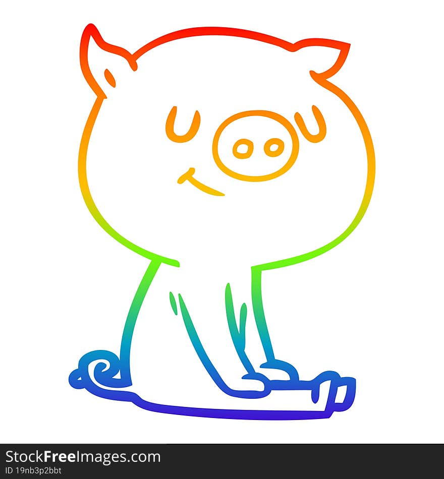 rainbow gradient line drawing of a happy cartoon pig sitting