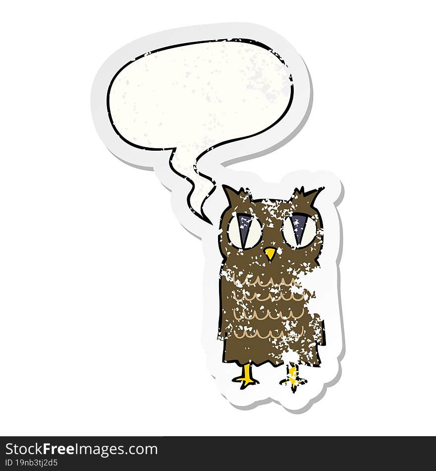 cartoon owl and speech bubble distressed sticker