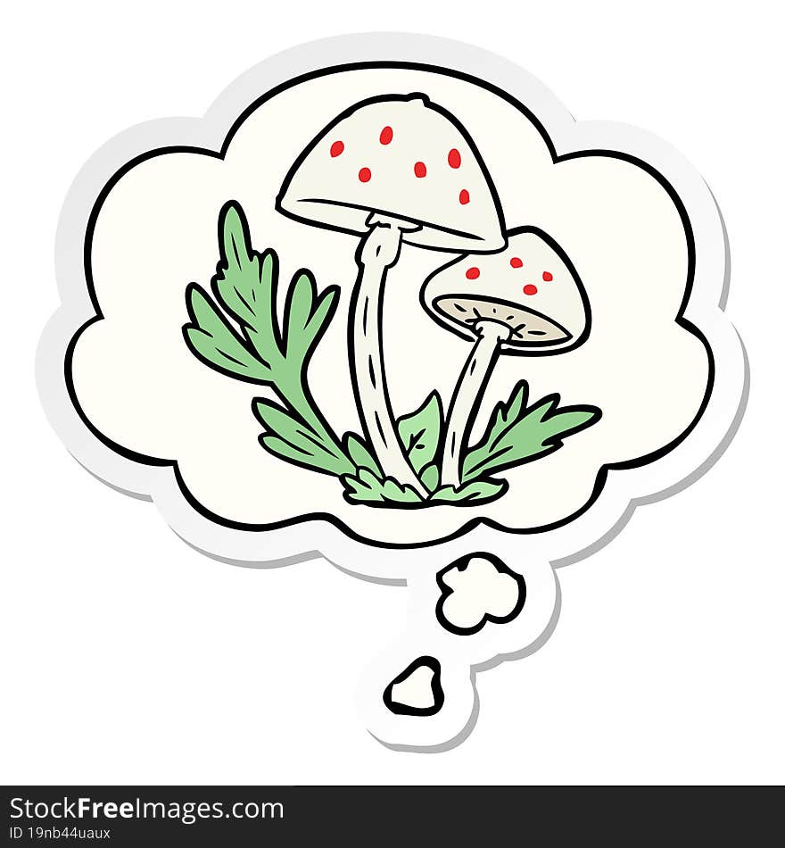 cartoon mushrooms and thought bubble as a printed sticker