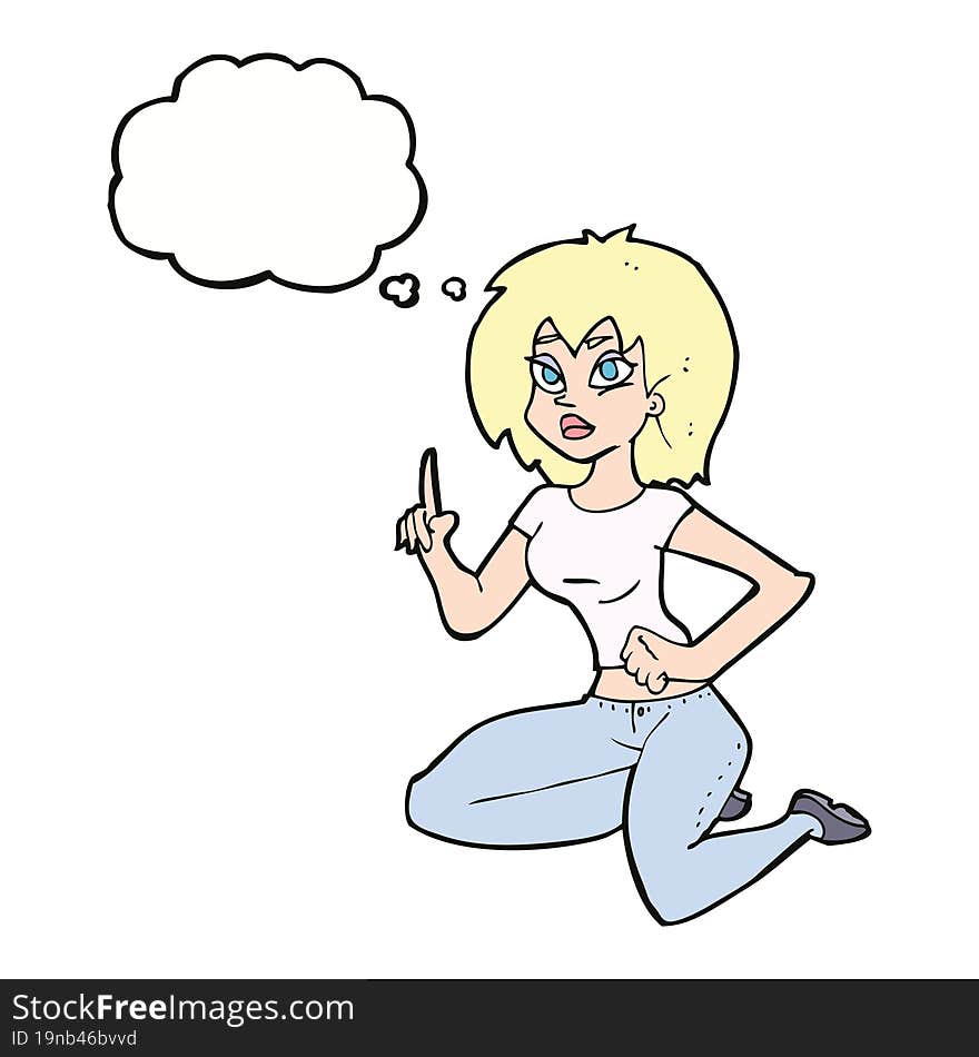 cartoon sitting woman with idea with thought bubble