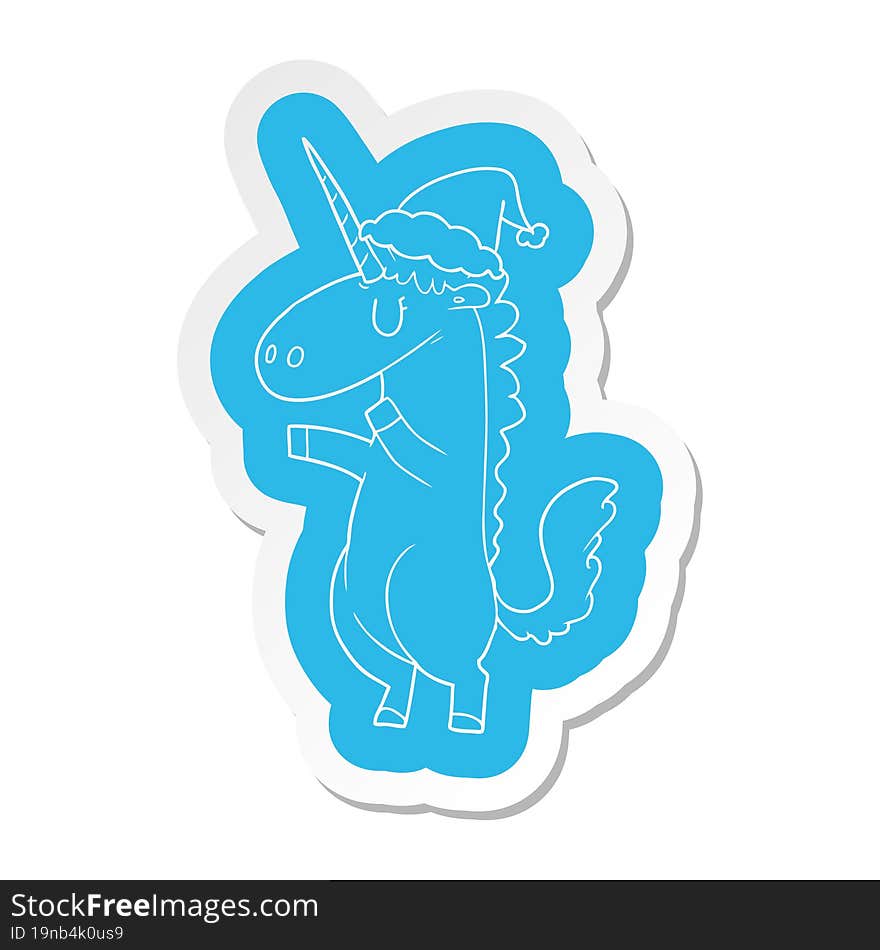 cartoon  sticker of a unicorn wearing santa hat