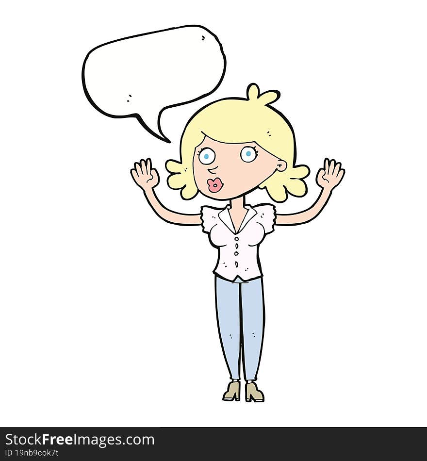 cartoon woman surrendering with speech bubble