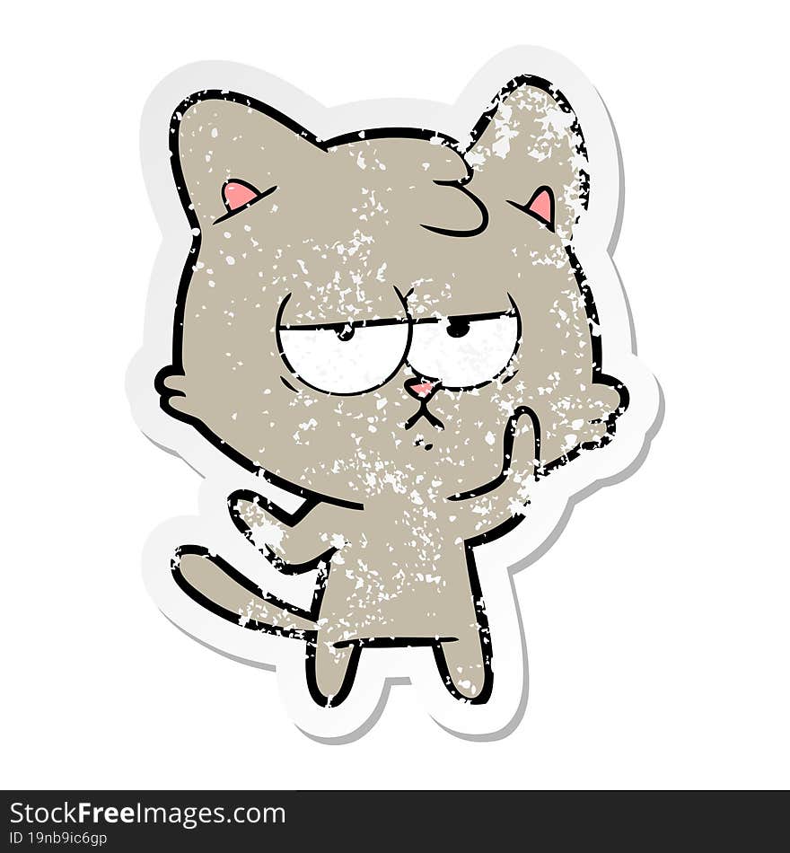 distressed sticker of a bored cartoon cat