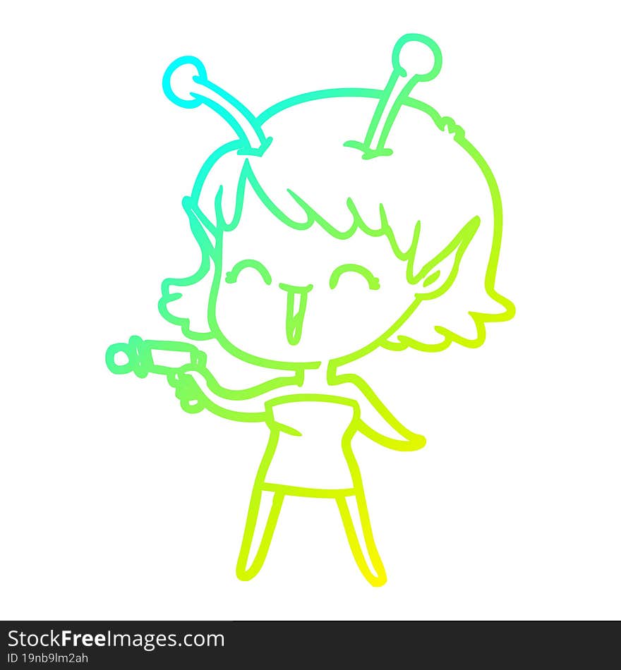 cold gradient line drawing of a cartoon alien girl laughing