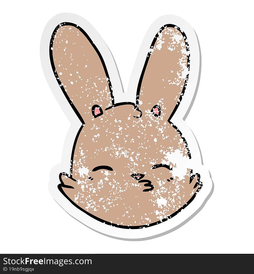 distressed sticker of a cartoon bunny face considering