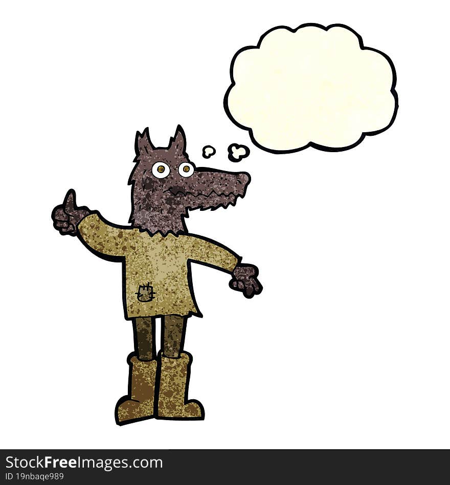 cartoon wolf man with thought bubble