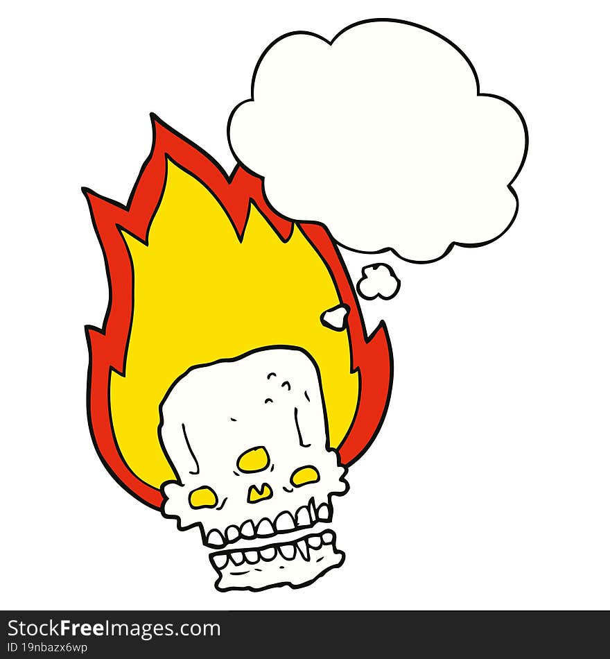 spooky cartoon flaming skull and thought bubble