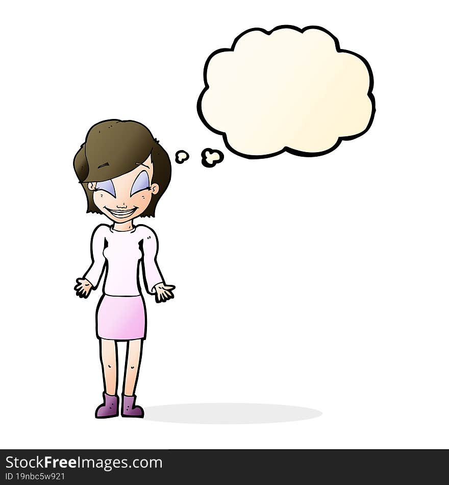 cartoon happy woman shrugging shoulders with thought bubble