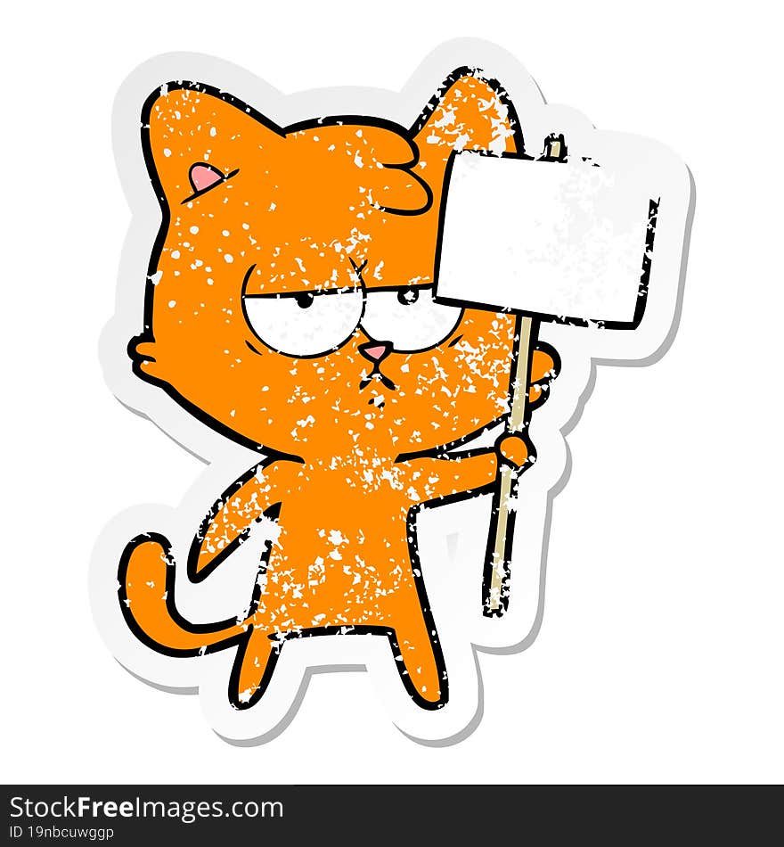 distressed sticker of a bored cartoon cat with sign post