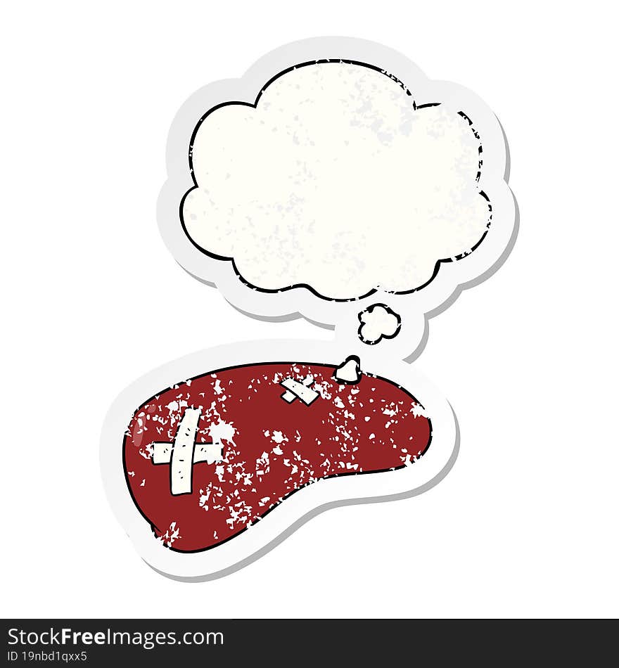 cartoon repaired liver and thought bubble as a distressed worn sticker