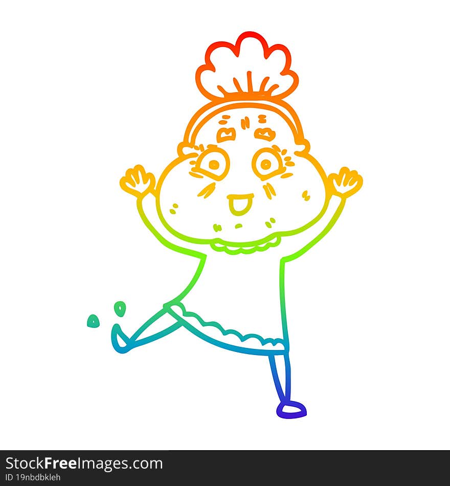 rainbow gradient line drawing of a cartoon happy old woman