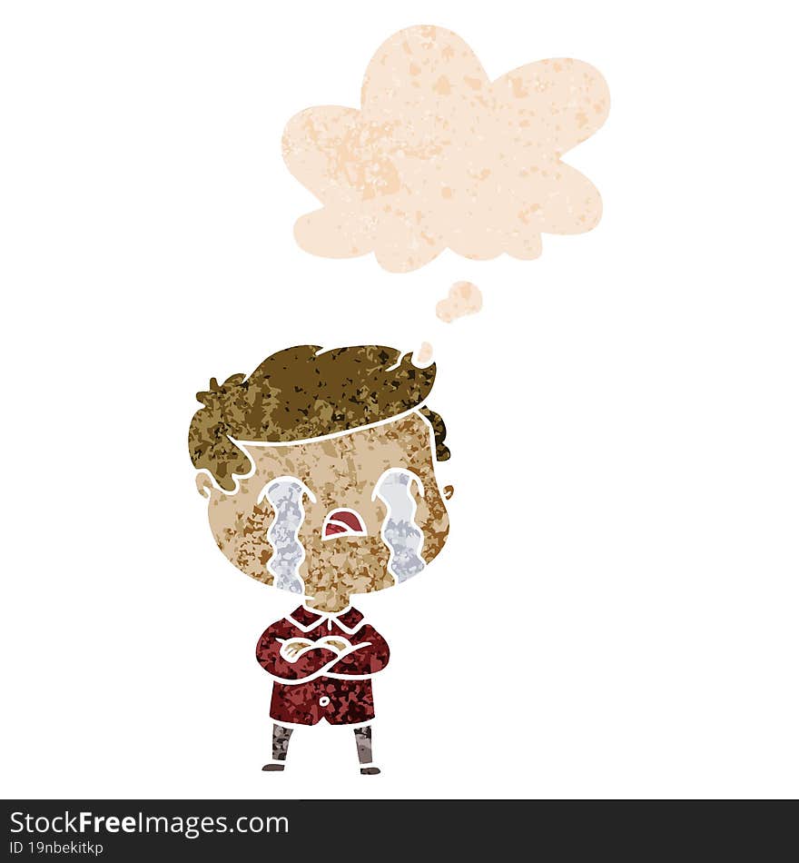 cartoon man crying and thought bubble in retro textured style