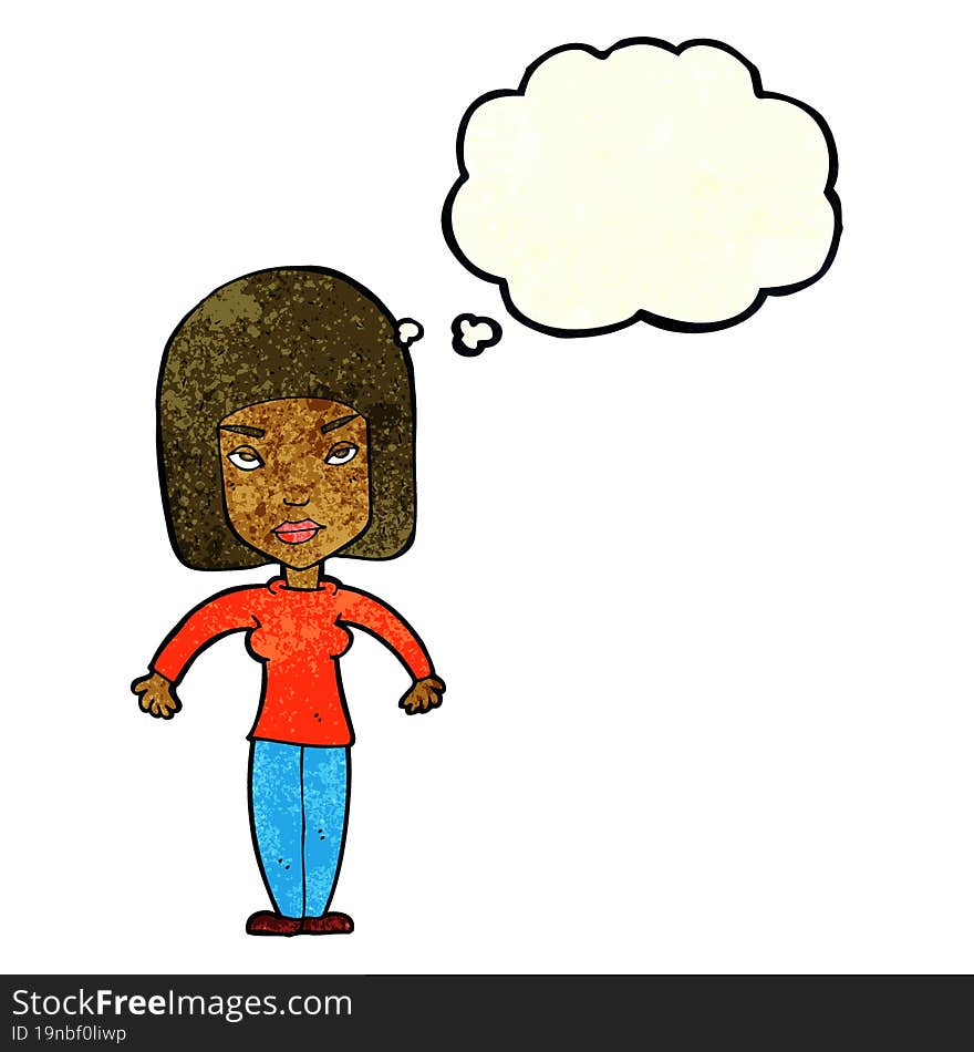 Cartoon Woman Shrugging Shoulders With Thought Bubble