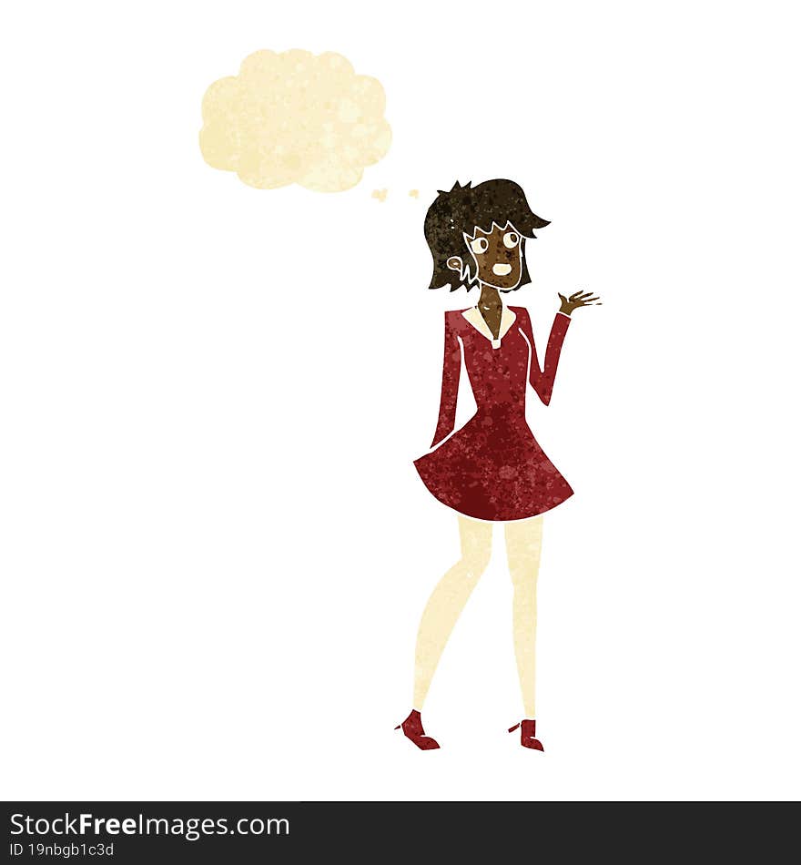 cartoon pretty woman in dress with thought bubble