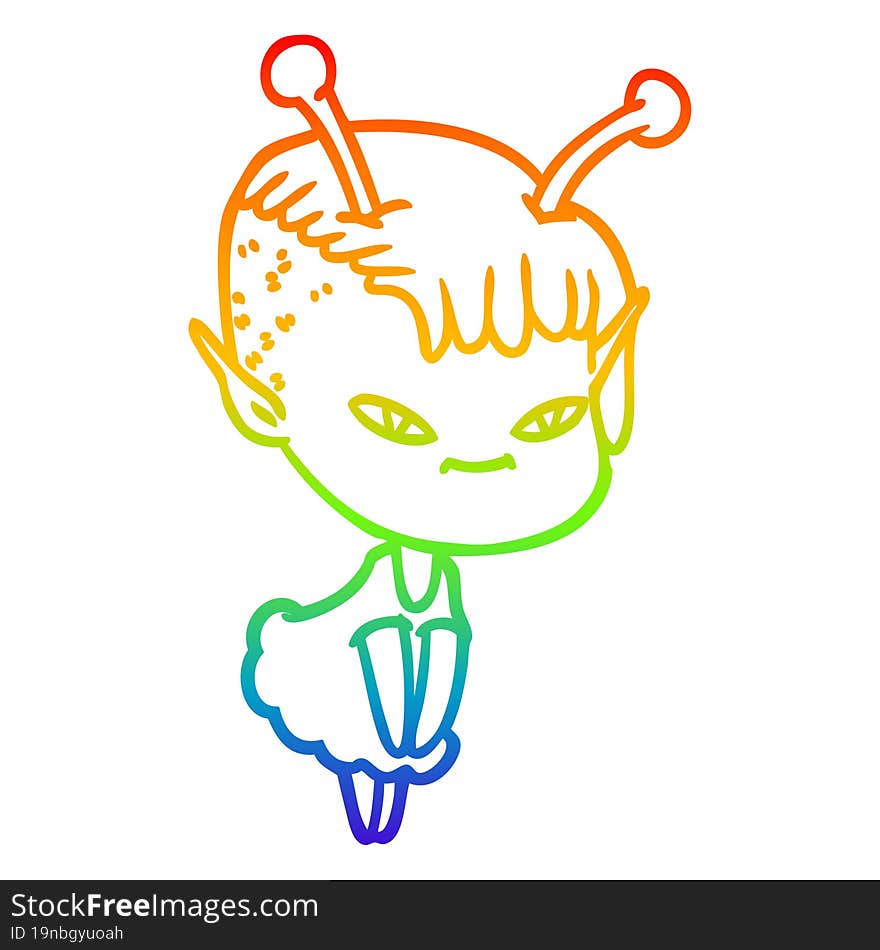 rainbow gradient line drawing of a cute cartoon alien girl