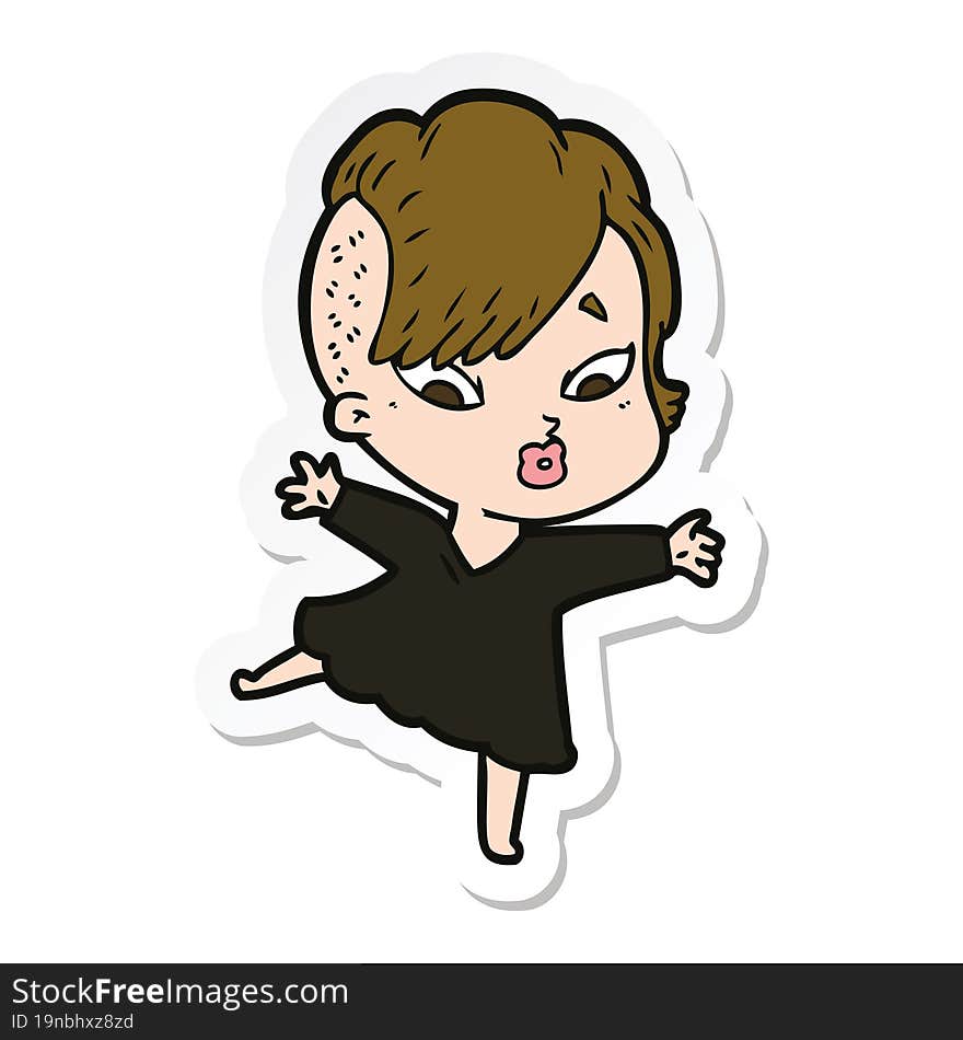 sticker of a cartoon surprised girl in black dress