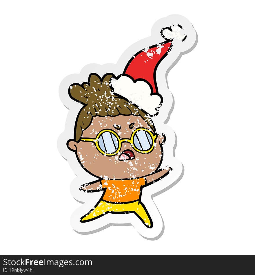 distressed sticker cartoon of a annoyed woman wearing santa hat