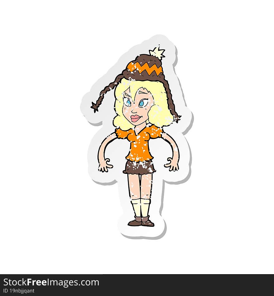 retro distressed sticker of a cartoon woman wearing hat