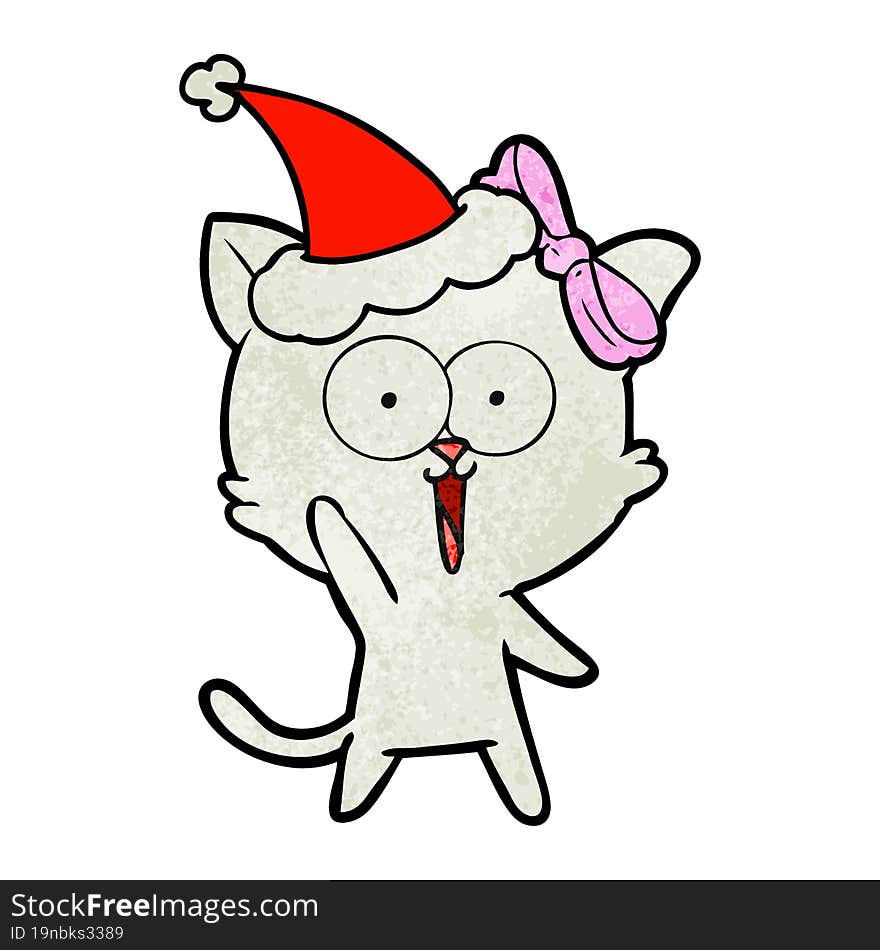 textured cartoon of a cat wearing santa hat