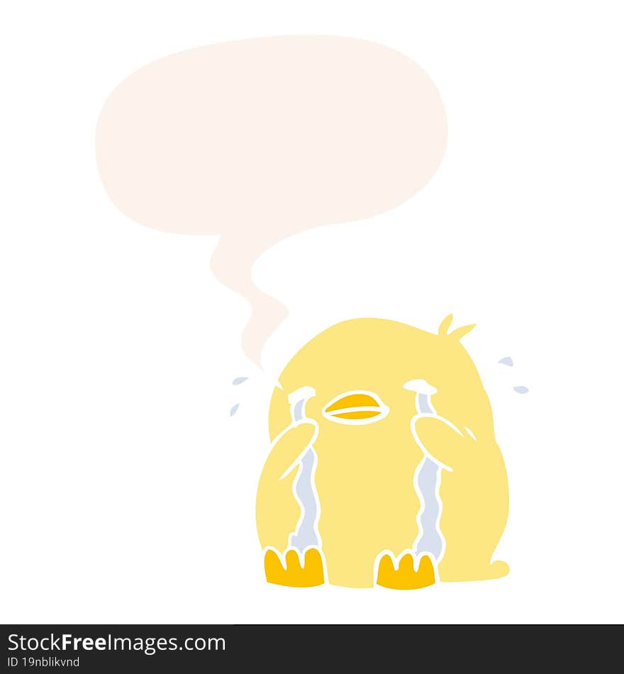 cartoon crying bird and speech bubble in retro style