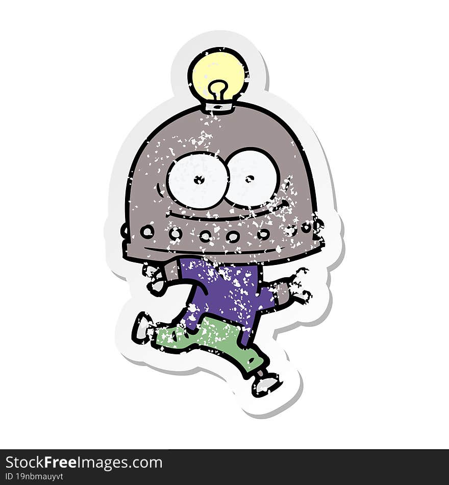 distressed sticker of a happy carton robot with light bulb