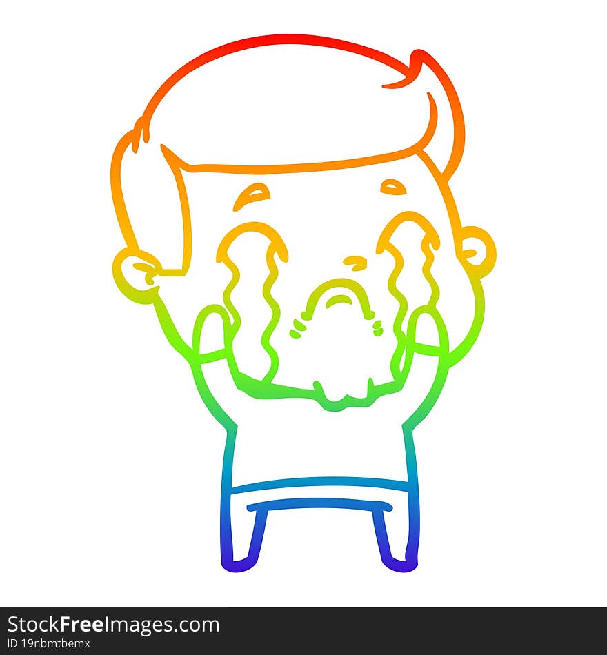 rainbow gradient line drawing of a cartoon man crying