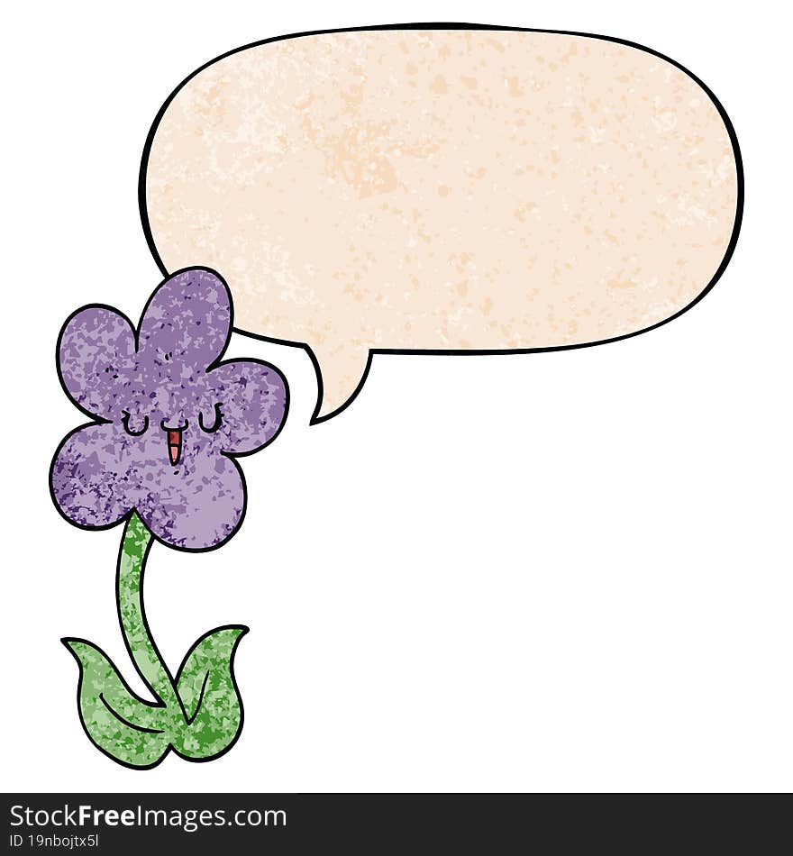 cartoon flower and happy face and speech bubble in retro texture style