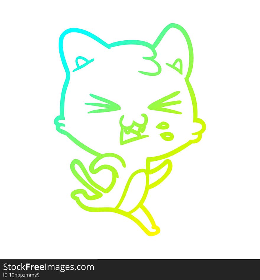 cold gradient line drawing of a cartoon cat hissing