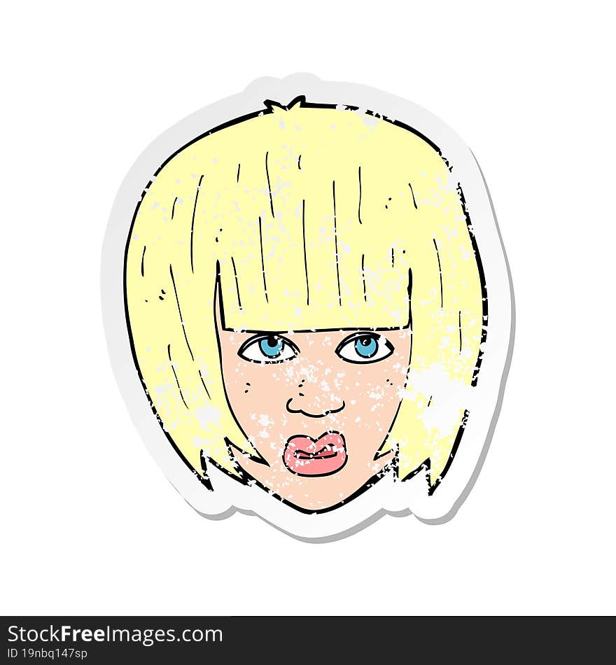 retro distressed sticker of a cartoon annoyed girl with big hair