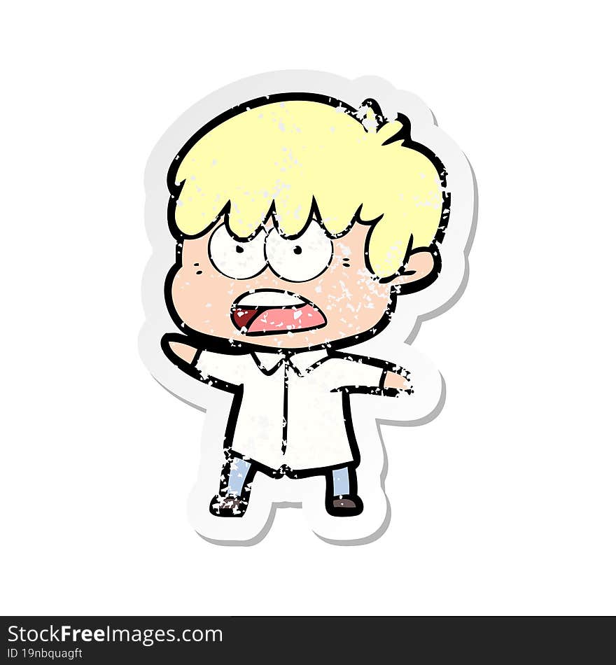 distressed sticker of a worried cartoon boy