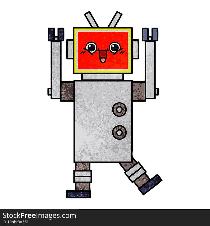 retro grunge texture cartoon of a happy robot