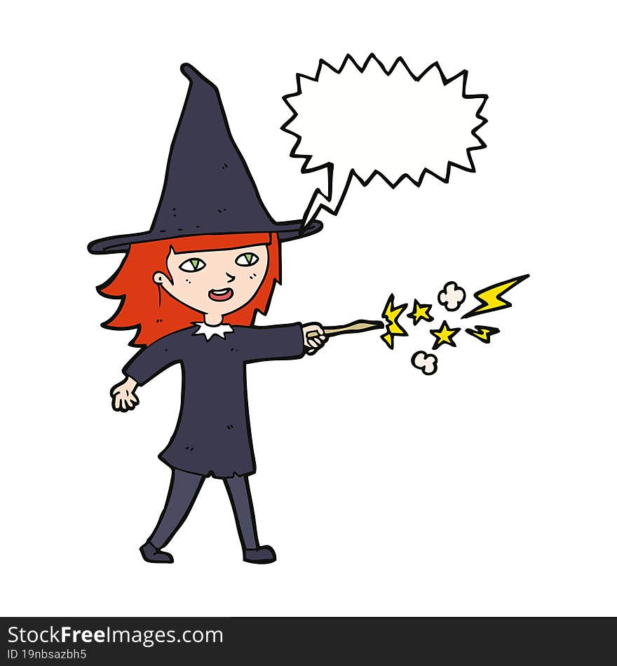 cartoon witch girl casting spell with speech bubble