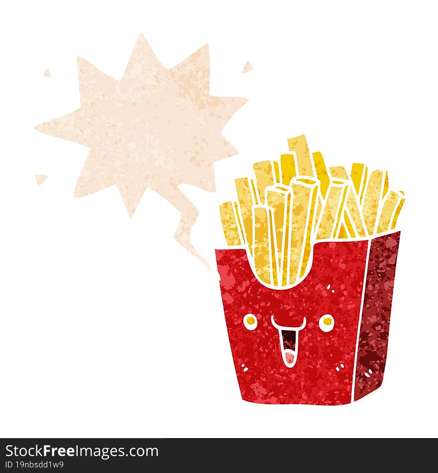 cute cartoon box of fries and speech bubble in retro textured style