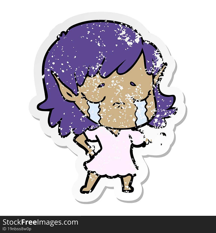 Distressed Sticker Of A Crying Cartoon Elf Girl