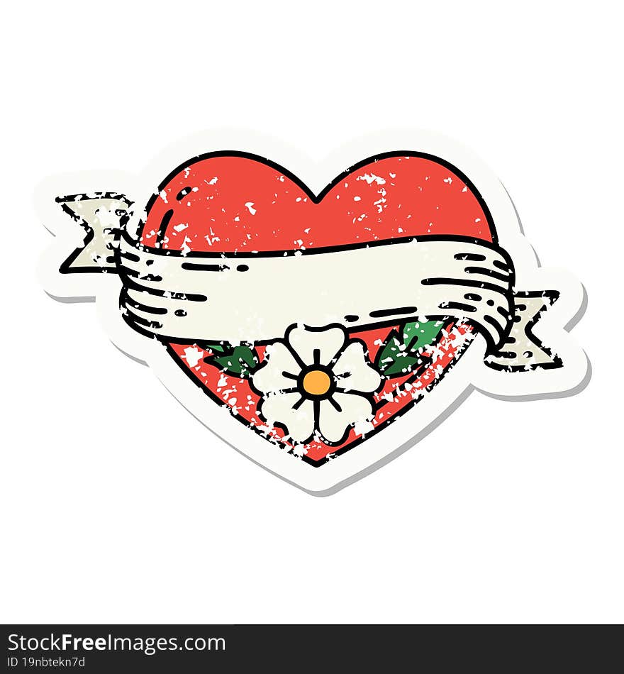 traditional distressed sticker tattoo of a heart and banner with flowers