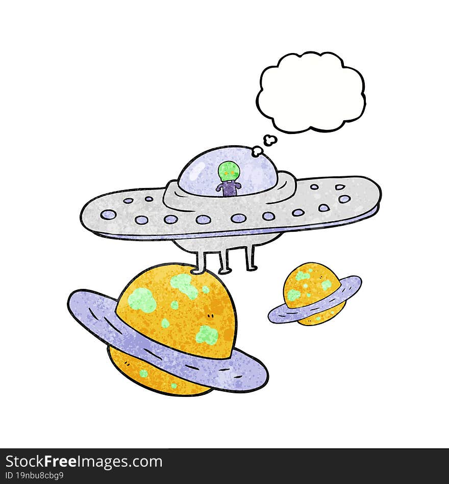 freehand drawn thought bubble textured cartoon flying saucer in space