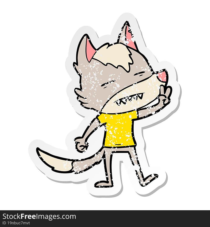 distressed sticker of a cartoon wolf showing teeth