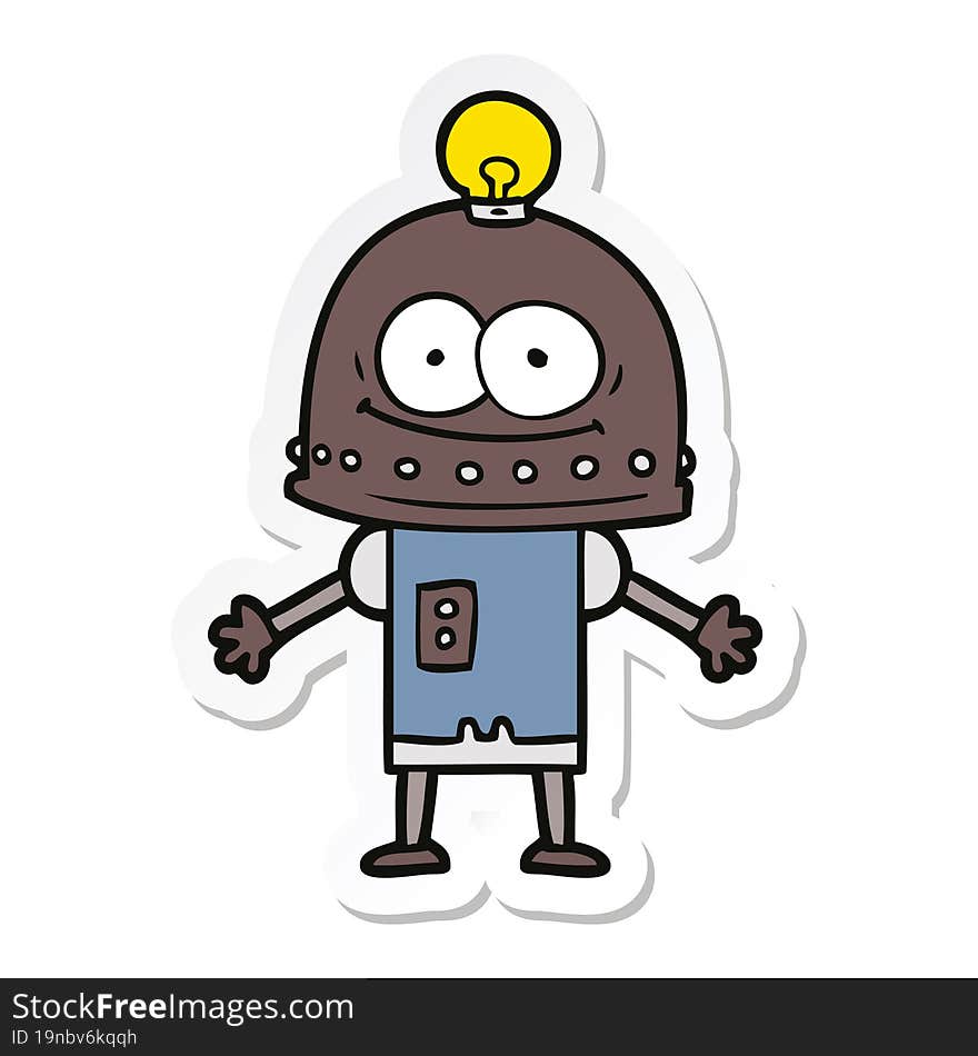 sticker of a happy carton robot with light bulb