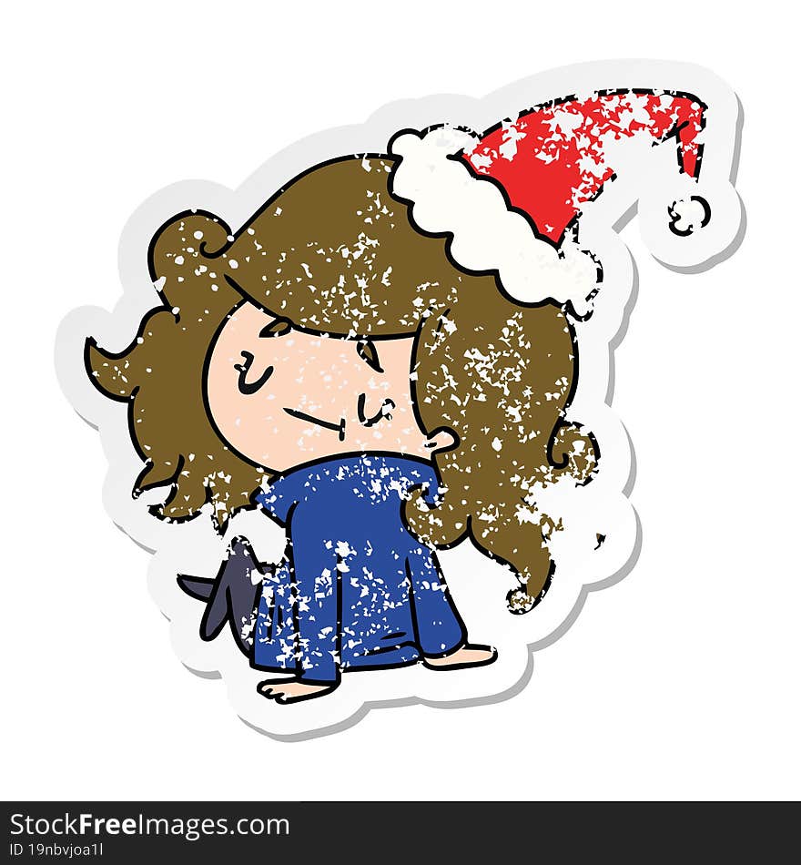 christmas distressed sticker cartoon of kawaii girl