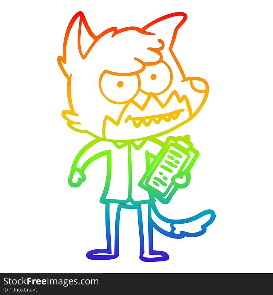 Rainbow Gradient Line Drawing Cartoon Grinning Fox With Clipboard