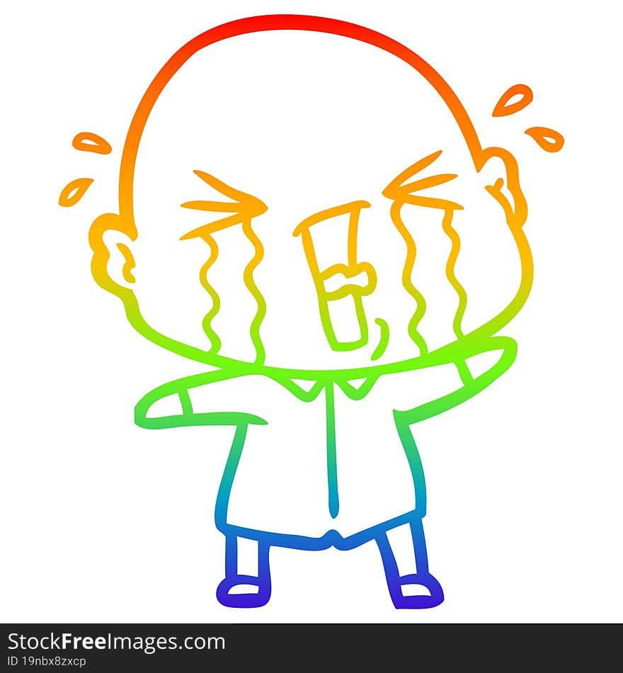 Rainbow Gradient Line Drawing Cartoon Crying Bald Man