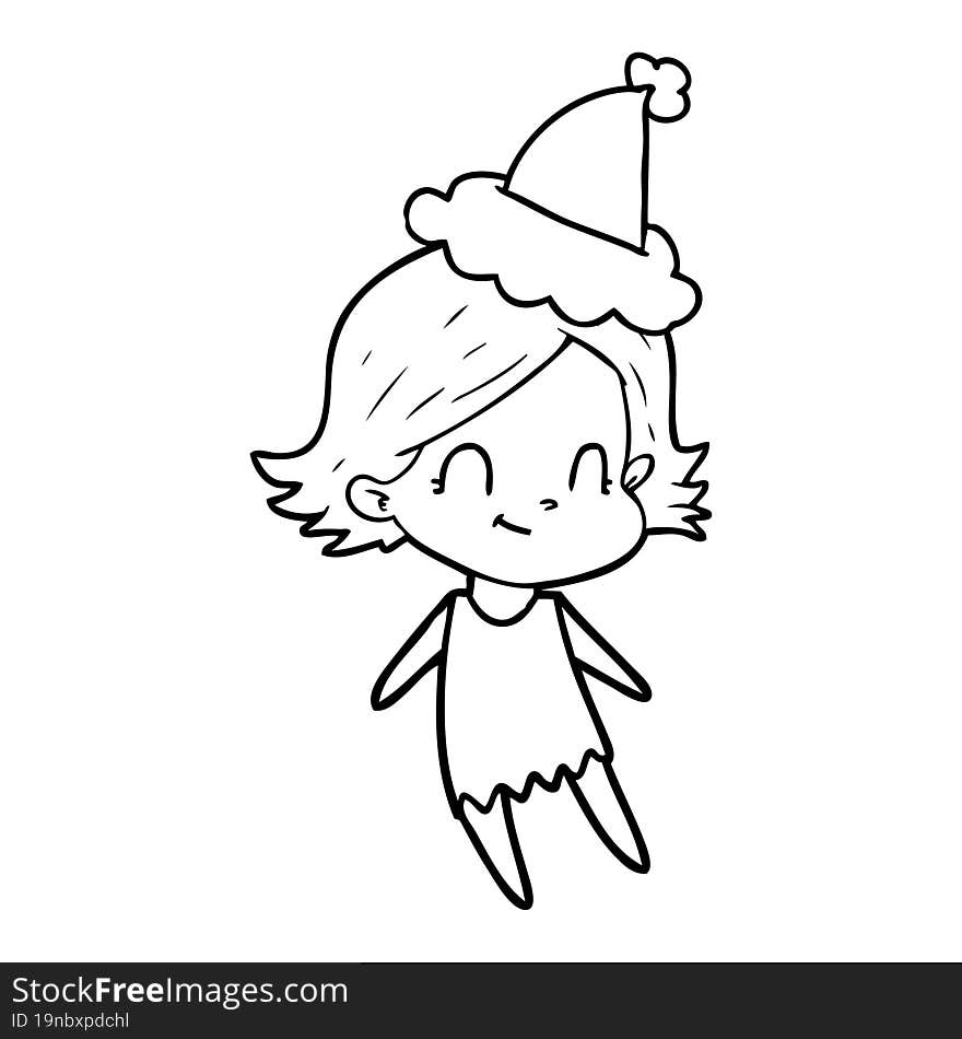 line drawing of a friendly girl wearing santa hat