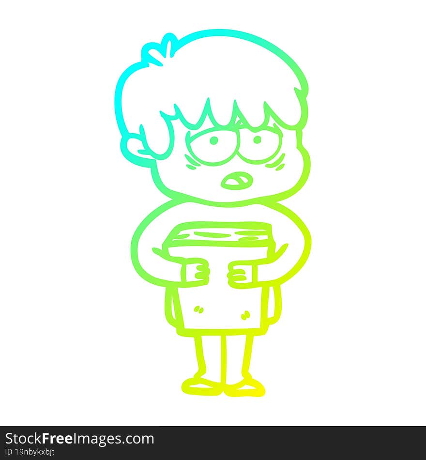 cold gradient line drawing cartoon exhausted boy holding book