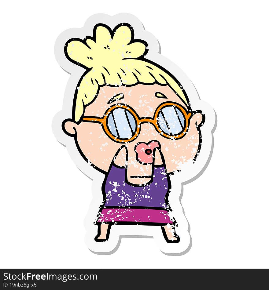 distressed sticker of a cartoon woman wearing spectacles